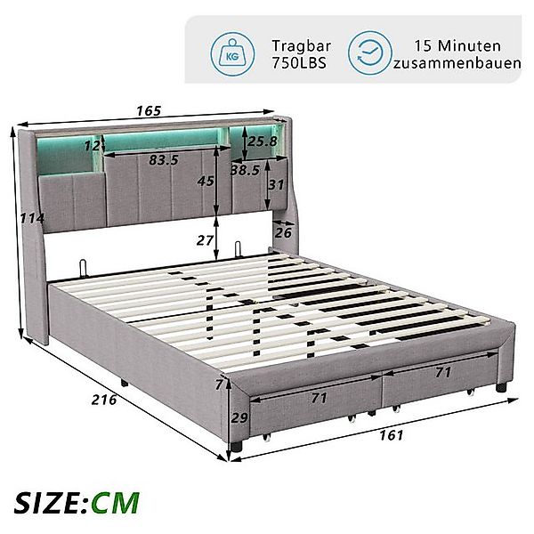 PXloue Polsterbett LED Doppelbett Stauraumbett, Ladefunktion, Lattnenrost, günstig online kaufen