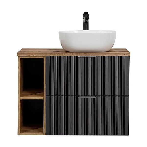 Badmöbel Waschtisch Set Unterschrank ADELAIDE-56-BLACK matt schwarz gerillt günstig online kaufen