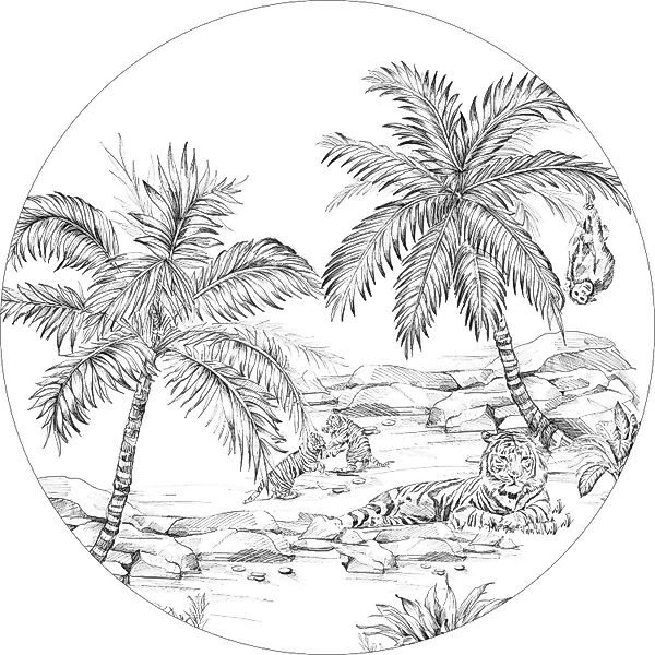 ESTAhome Selbstklebende Runde Tapete Safari-Muster Schwarz-Weiß Ø 70 cm 158 günstig online kaufen
