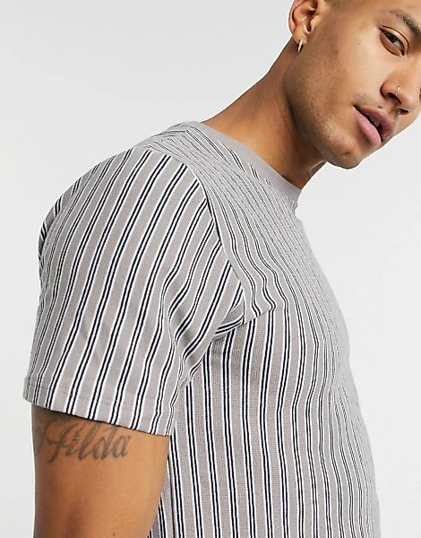 Topman – Gestreiftes T-Shirt mit Waffelstruktur in Grau günstig online kaufen