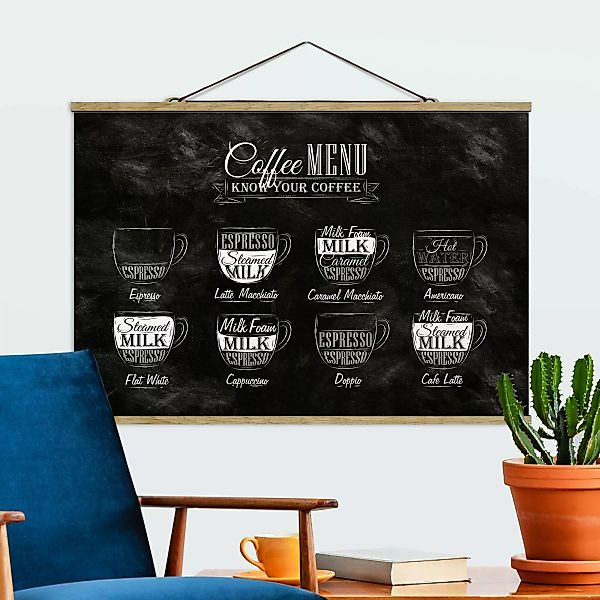 Stoffbild Spruch mit Posterleisten - Querformat Kaffeesorten Kreidetafel günstig online kaufen