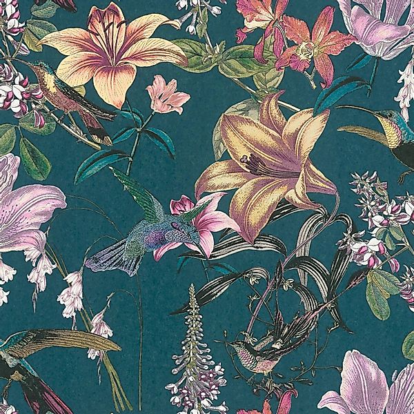 PROFHOME 377012-GU Blumen Tapete Kolibri Matt Blau petrol Orange-Gelb 0,53 günstig online kaufen