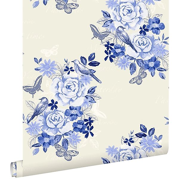 ESTAhome Tapete Blumen und Vögel Indigoblau 53 cm x 10.05 m günstig online kaufen
