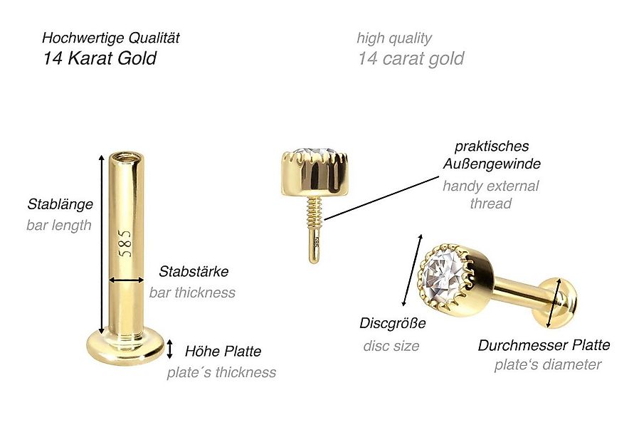PIERCINGLINE Piercing-Set 14 Karat Gold Labret mit Innengewinde MOISSANIT-D günstig online kaufen