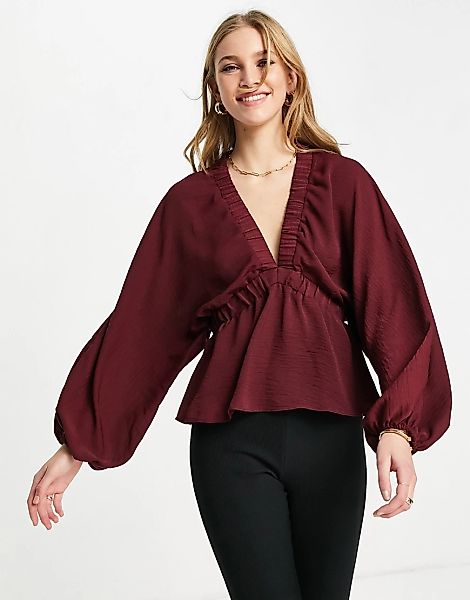 ASOS DESIGN – Langärmlige Kimono-Bluse in Weinrot mit elastischem Detail-Li günstig online kaufen