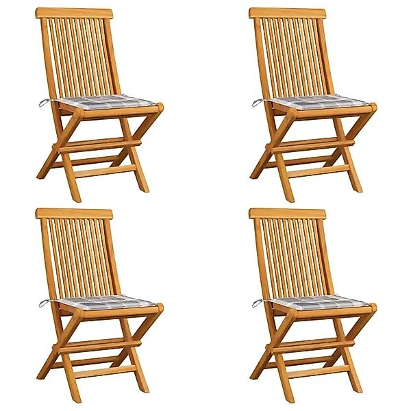 vidaXL Gartenstühle Graue Karomuster-Kissen 4 Stk Massivholz Teak 3062582 günstig online kaufen