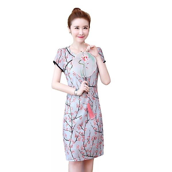 Kurzarm Retro Print Verbessertes Cheongsam Kleid günstig online kaufen