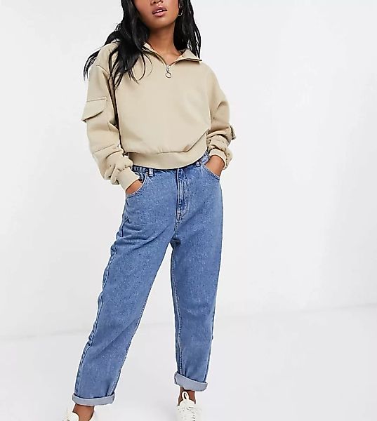 Pull&Bear Petite – Blaue Mom-Jeans mit elastischem Bund günstig online kaufen