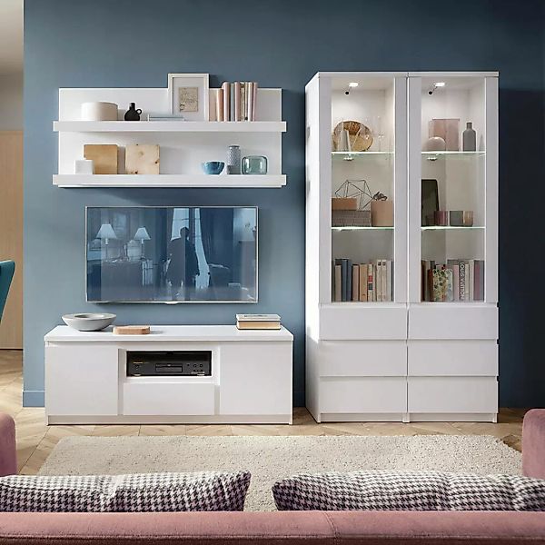 Wohnzimmer Schrankwand Set mit LED Beleuchtung, 4-teilig, in weiß FORTALEZA günstig online kaufen