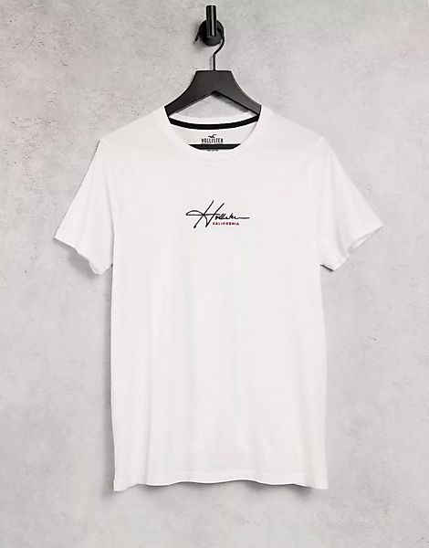 Hollister – T-Shirt mit mittigem Logoschriftzug in Weiß günstig online kaufen