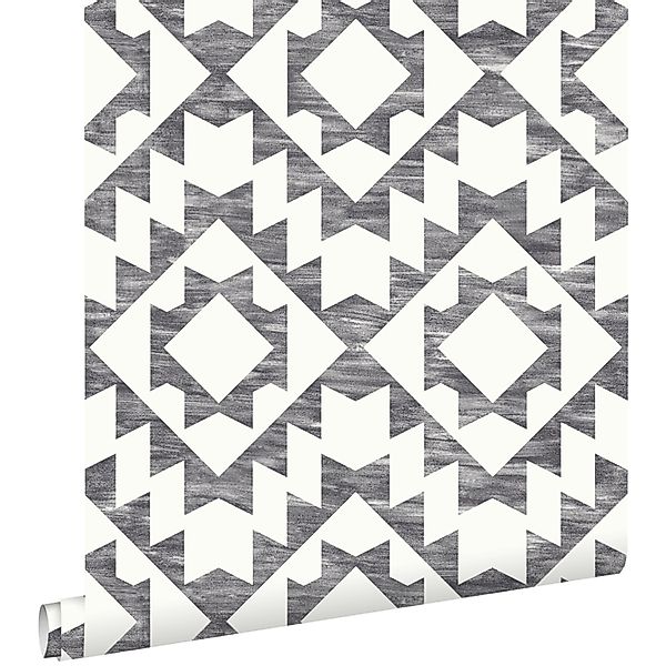 ESTAhome Tapete Marrakescher Aztec-Teppich Schwarz und Weiß 53 cm x 10.05 m günstig online kaufen