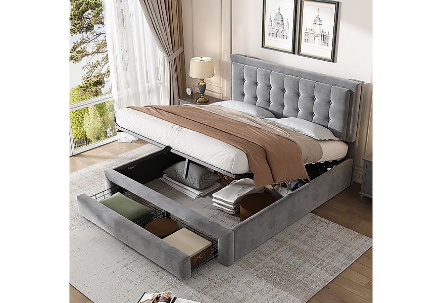 HAUSS SPOLE Polsterbett 140x200cm Hydraulisch Bett mit Kopfteil, 2 Schublad günstig online kaufen