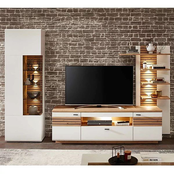 TV Wohnwand modernes Design in Weiß Wildeichefarben (dreiteilig) günstig online kaufen