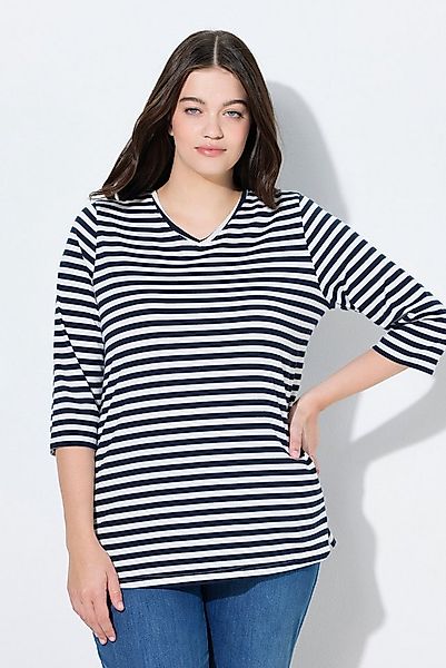 Ulla Popken T-Shirt Shirt Ringel V-Ausschnitt 3/4-Arm Biobaumwolle günstig online kaufen