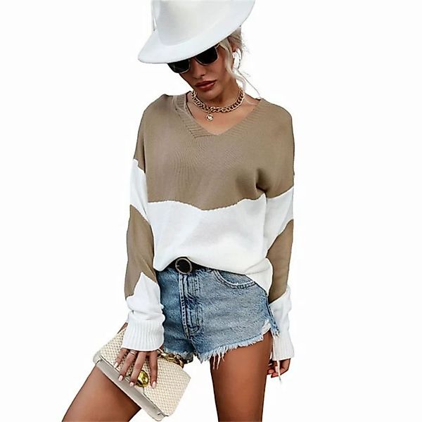 RUZU UG Strickpullover Damen Modisch Langarm-Pullover mit V-Ausschnitt Herb günstig online kaufen