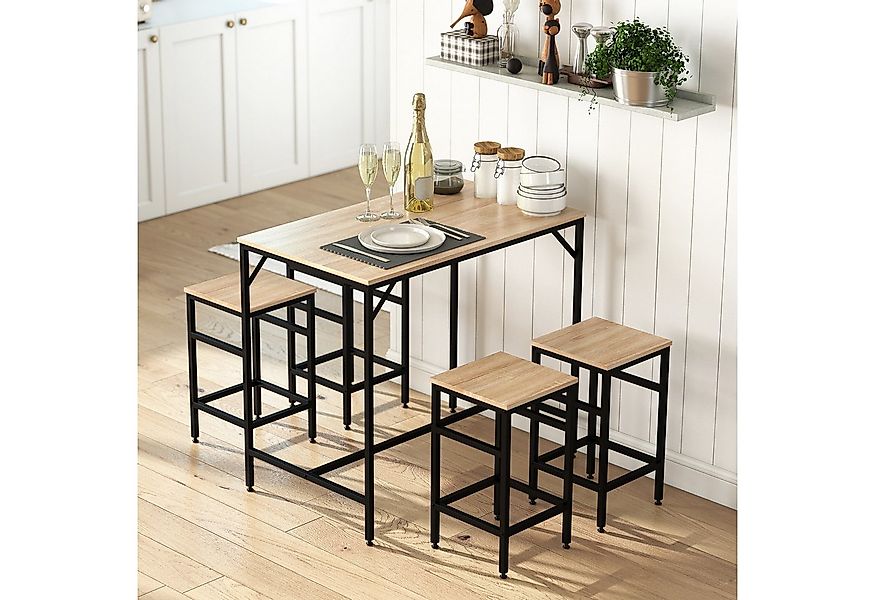 HOMCOM Bargruppe Bartisch mit Barhocker Set 5-teiliges Bartisch-Set Eiche, günstig online kaufen