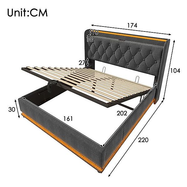 HAUSS SPOLE Polsterbett 160x200cm mit LED-Beleuchtung, Ladefunktion Grau Le günstig online kaufen
