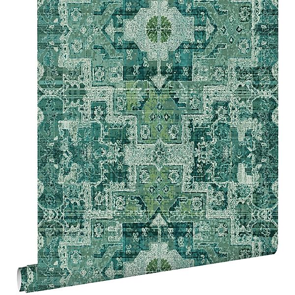 ESTAhome Tapete Orientalisches Kelim Patchwork Smaragdgrün 53 Cm X 1005 Cm günstig online kaufen