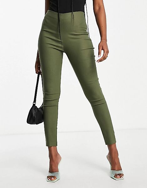 Vesper – Schmal geschnittene Hose in Khaki mit hohem Bund-Grün günstig online kaufen