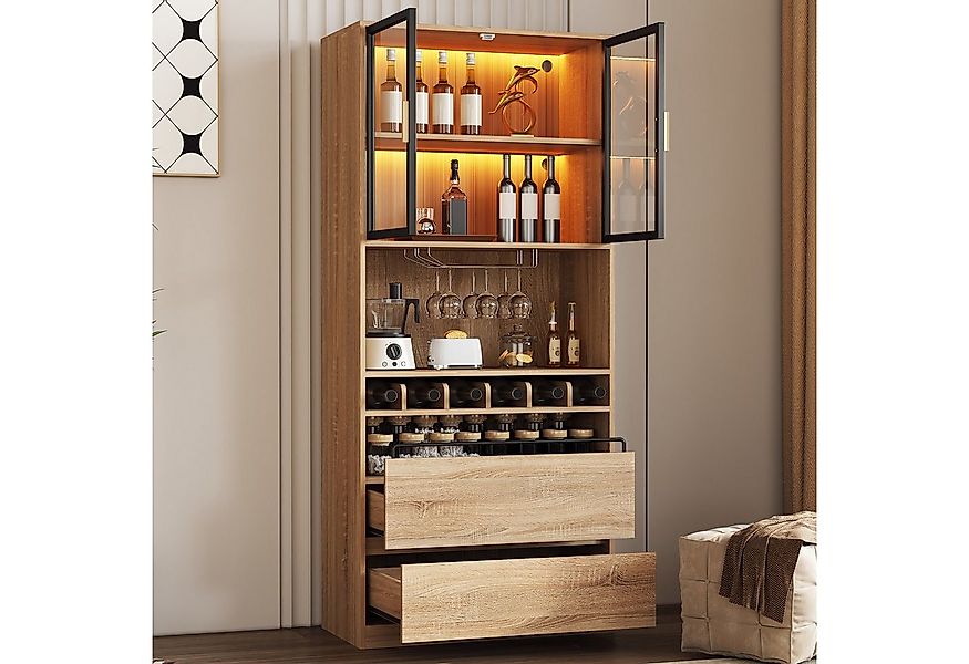 Flieks Küchenbuffet mit LED-Beleuchtung, Weinregal, Gläserhalter und Gewürz günstig online kaufen