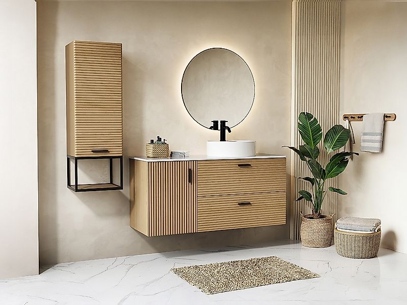 Badezimmermöbel geriffelt hängend mit Aufsatzwaschbecken und Hochschrank mi günstig online kaufen