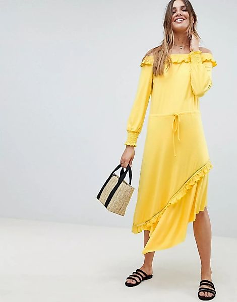 ASOS DESIGN – Schulterfreies Midi-Freizeitkleid mit gezurrten Bündchen-Gelb günstig online kaufen