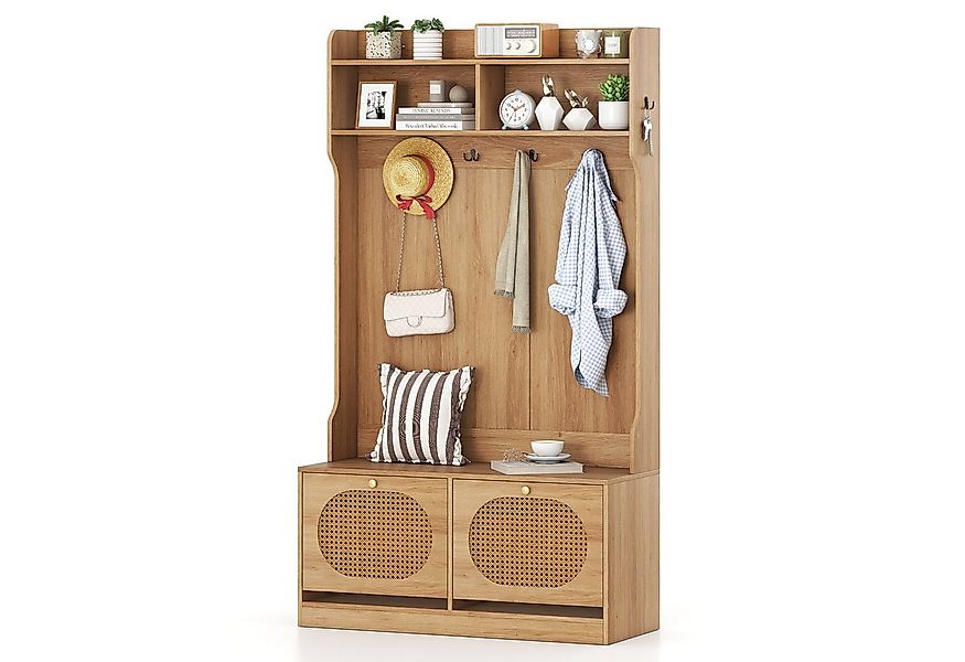 COSTWAY Kleiderständer, Holz, mit Schuhbank, Klappschubladen, Garderobe Nat günstig online kaufen