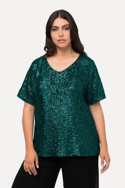 Ulla Popken T-Shirt Pailletten-Shirt Oversized V-Ausschnitt günstig online kaufen