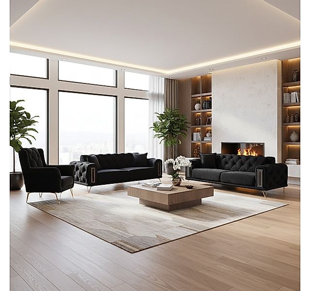Palms-Store Sofa Set Celine aus schwarzem Samt mit Knopfheftung, 3-Sitzer m günstig online kaufen