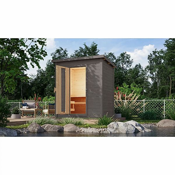 Karibu Saunahaus Arvi 1 Set mit Ofen 9 kW Externe Steuerung Terragrau günstig online kaufen