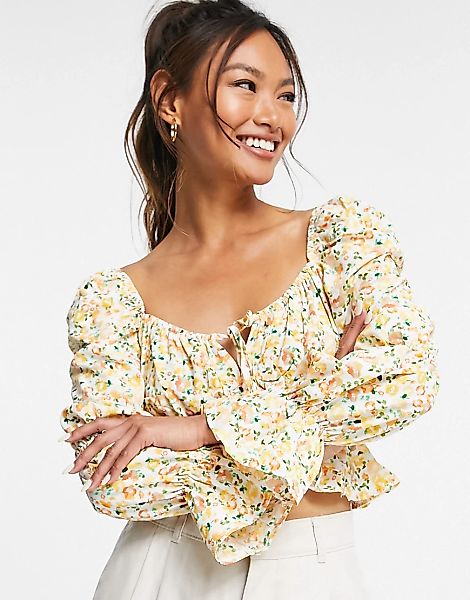 Glamorous – Bluse mit Karree-Ausschnitt, gesmokter Taille und Blümchenmuste günstig online kaufen