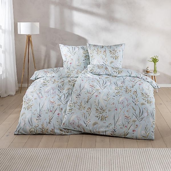 Estella Mako Satin Bettwäsche Rieke 7530-640 Blumen Azur Blau 135x200 günstig online kaufen