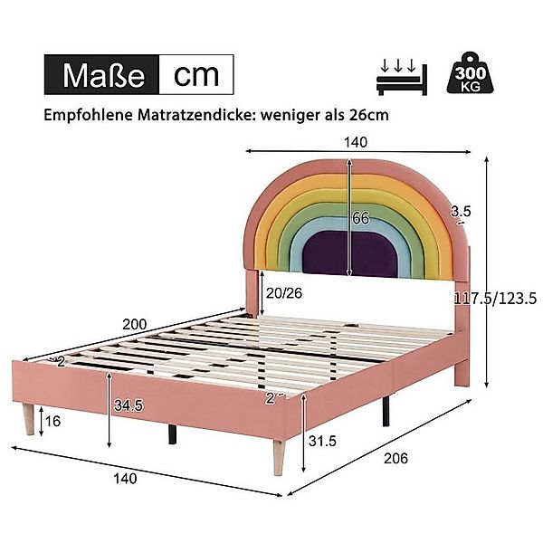 Flieks Polsterbett, Kinderbett mit verstellbarem Regenbogen-Kopfteil 140x20 günstig online kaufen