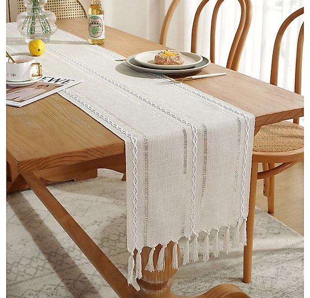 NUODWELL Tischläufer Boho Creme Landhausstil Quasten Tischläufer, Waschbar günstig online kaufen