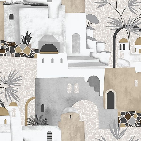 Sanders & Sanders Tapete Mediterrane Häuser Beigebraun Grau Und Weiß 53 Cm günstig online kaufen