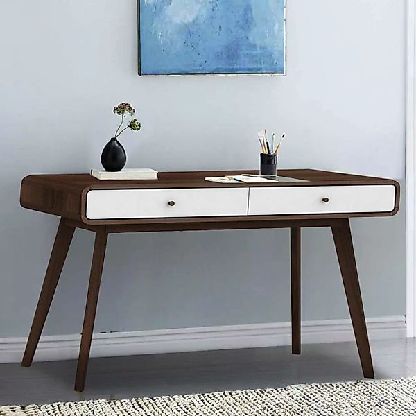 Schreibtisch in Weiß und Walnussfarben 120 cm breit günstig online kaufen