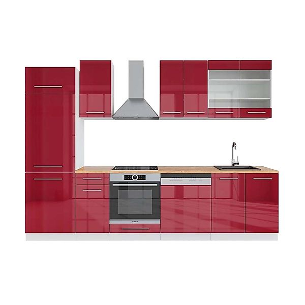 Vicco Fame-Line Küchenzeile Bordeaux Hochglanz/Weiß 300 cm AP Eiche günstig online kaufen