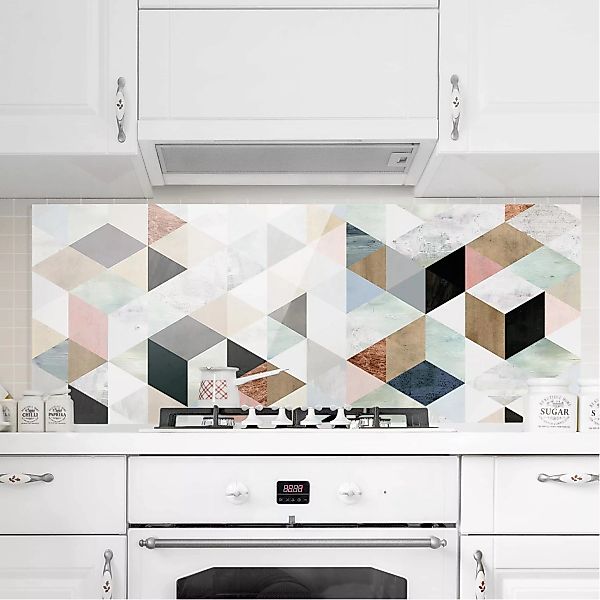 Glas Spritzschutz Muster & Textur - Panorama Aquarell-Mosaik mit Dreiecken günstig online kaufen