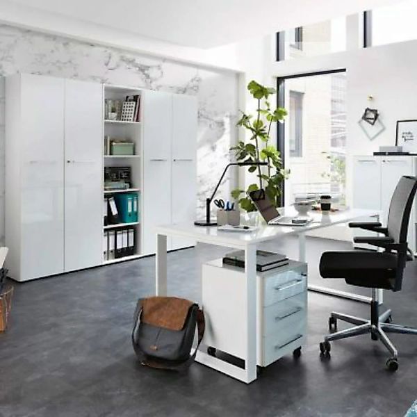 Lomadox Design Büromöbel Set mit weißen Glasfronten MONTERO-01 Design Schre günstig online kaufen