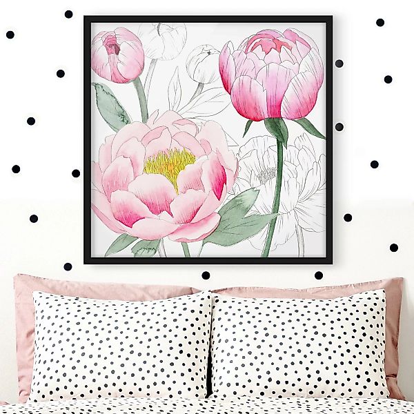 Bild mit Rahmen Blumen - Quadrat Zeichnung Rosa Päonien II günstig online kaufen