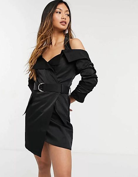 ASOS DESIGN – Schwarzes Kleid im Smoking-Stil mit gerafften Ärmeln, Neckhol günstig online kaufen