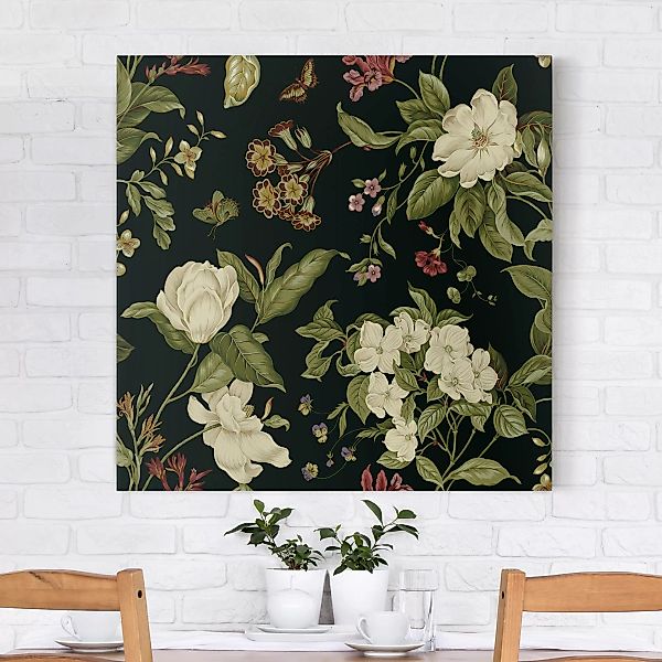Leinwandbild Blumen - Quadrat Gartenblumen auf Schwarz I günstig online kaufen