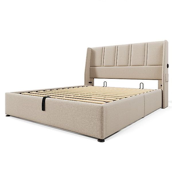 Gotagee Polsterbett Doppelbett 160x200 cm Stauraumbett Leinen USB flaches B günstig online kaufen