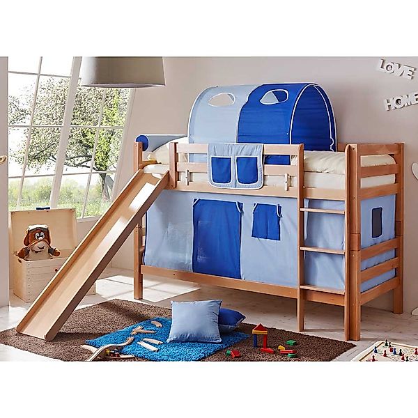 Jungen Etagenbett aus Buche Massivholz Rutsche und Vorhang in Blau günstig online kaufen