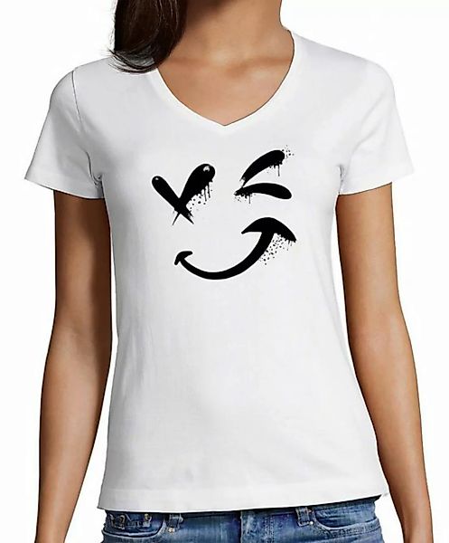 MyDesign24 T-Shirt Damen Smiley Print Shirt - Zwinkernder Smiley V-Ausschni günstig online kaufen