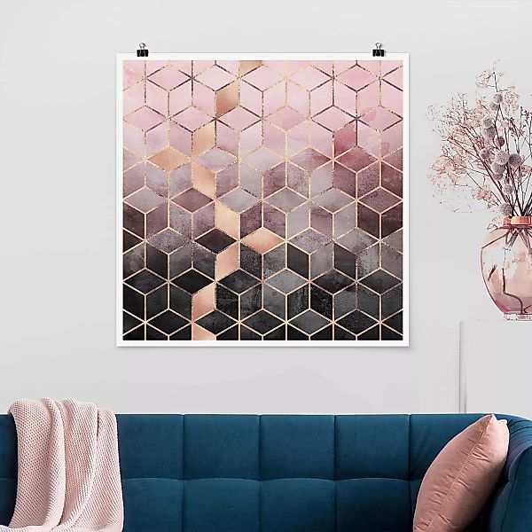 Poster - Quadrat Rosa Grau goldene Geometrie günstig online kaufen