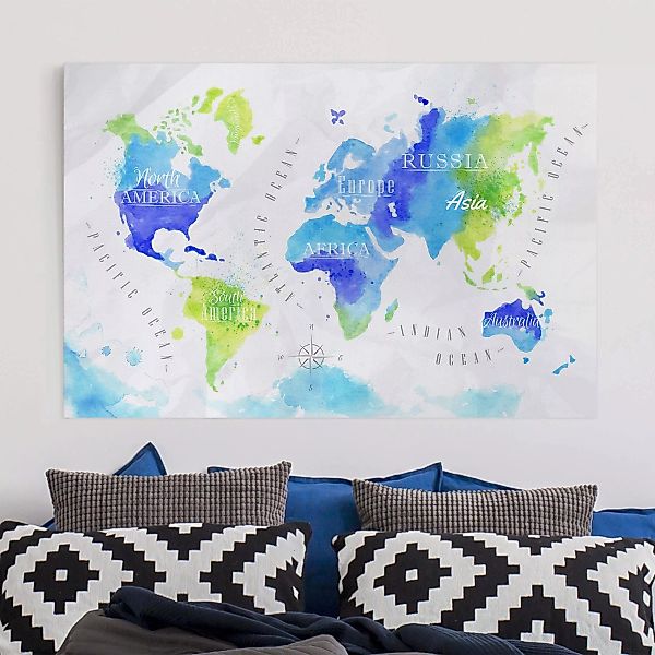 Leinwandbild Weltkarte - Querformat Weltkarte Aquarell blau grün günstig online kaufen