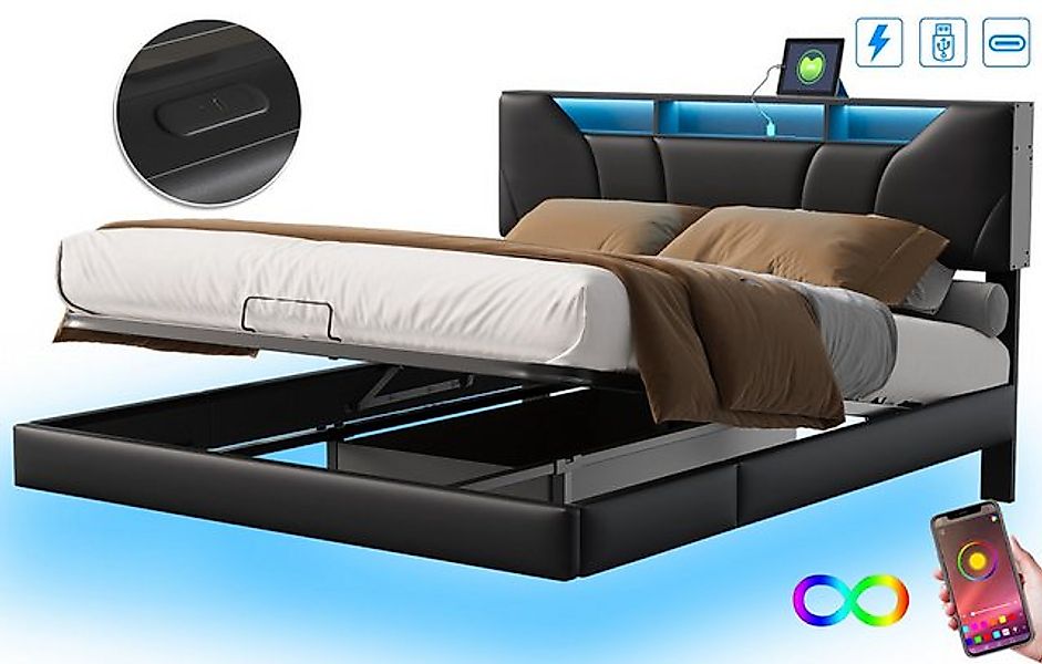 FUROKOY Polsterbett Doppelbett Stauraumbett mit Hydraulisch anhebbarer Kuns günstig online kaufen