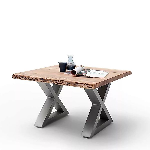 Baumkanten Sofa Tisch aus Akazie Massivholz und Edelstahl Loft Design günstig online kaufen