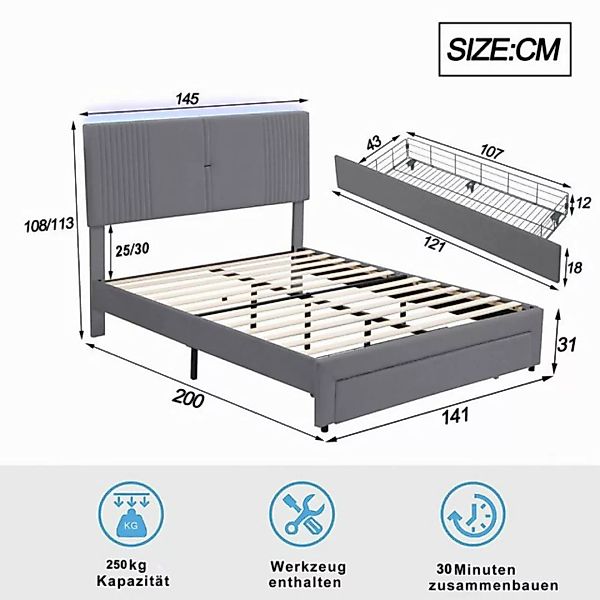 Flieks Polsterbett, LED Doppelbett 140x200cm mit 2 USB-Ladeanschlüsse und g günstig online kaufen